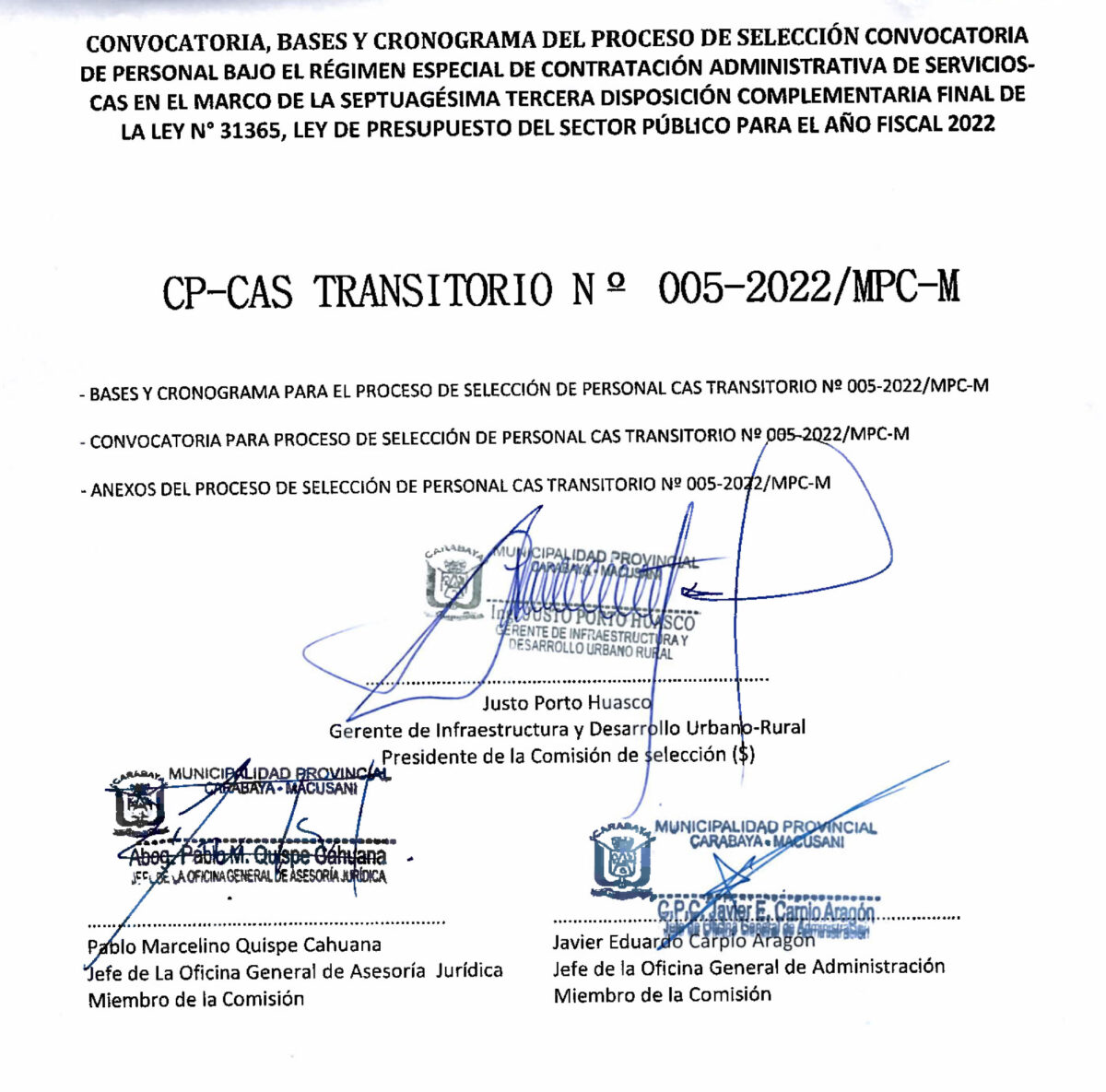 CONVOCATORIA CP-CAS TRANSITORIO N°005-2022/MPC-M